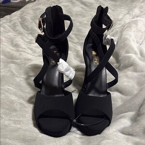 Allure Black Strappy Heels with Gold Buckle